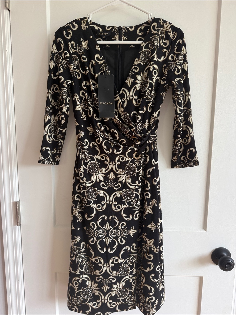 Escada Black and Cream Baroque-Print Midi Dress